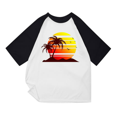 ZCFZJW Mens Fashion T-Shirts Trendy Summer Patchwork Short Sleeve Round Neck Pullover Tshirt Tops Casual Tropical Palm Tree Graphic Tee Shirts White L