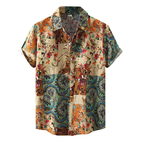 GWAABD Men S Solid Color Button Down Henley Shirts Male Summer Casual Floral Print Shirt Short Sleeve Turn Down Collar Shirt