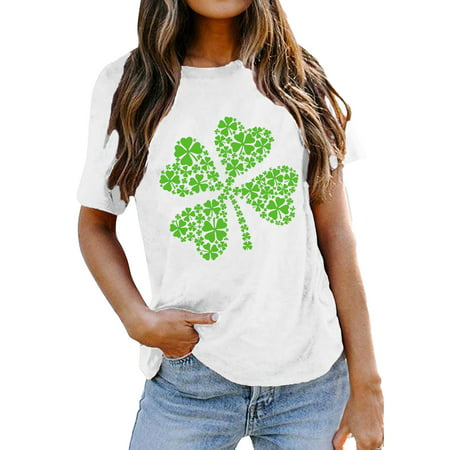 CLZOUD Womens Shirts Summer White Women Fashion Top Shirt Short Sleeve Printed T Shirt Round Neck Elegant Loose Top Blouse S