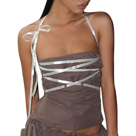 CLZOUD Women Plus Size Strap Crop Tops Brown Summer Street Hot Girl Low Cut a Neck Hanging Neck Ties Sleeveless Suspenders Fashion Cool Girl Polyester