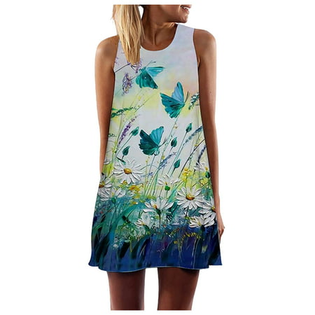Bigersell Casual Summer Dresses for Women Girls Fashion 3D Floral Print Dress a-line Sleeveless Mini Dress Big & Tall Little Black Dress Style 5588  F