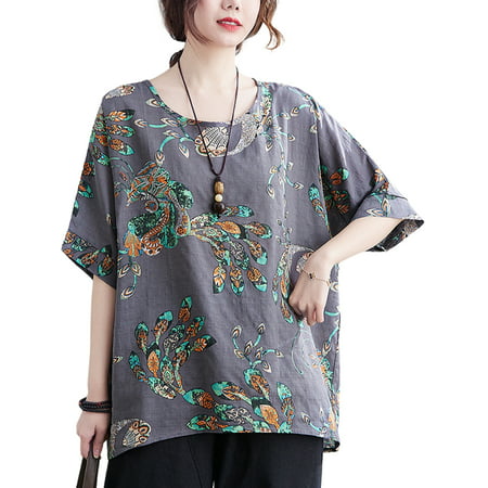 Bomotoo Ladies T-shirt Floral Print Tee Short Sleeve T Shirt Loose Pullover Work Summer Tops Gray (3439) One Size