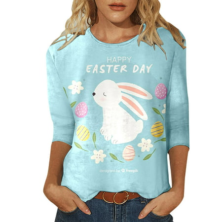 GWAABD High Neck Tops for Women Women Fashion Three Quarter Sleeve Tops Casual Printed T Shirt Tops