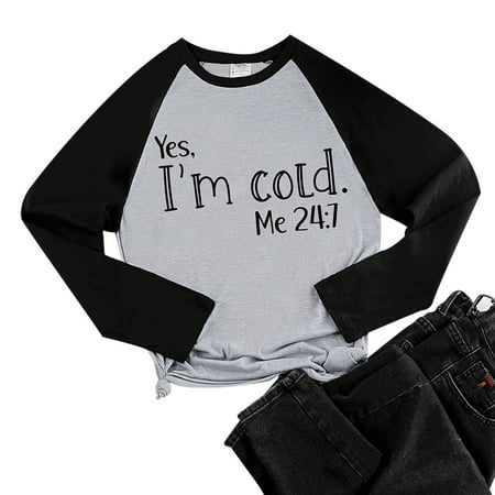 CLZOUD Fashion Blouse Women Grey Women Casual Round Neck Raglan Sleeve Long Sleeve Printed T Shirt Top L
