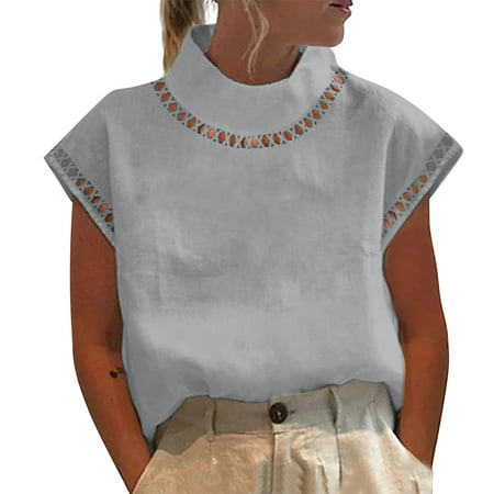 CLZOUD Summer T Shirt for Women Grey Women S Solid Color Summer Cut Out Pullover Lace Slim Sleeveless Short Sleeve Collar Shirt Top Vest S
