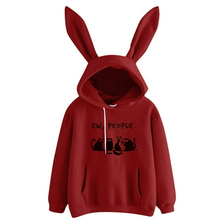 GWAABD Hoodie Sweaters for Women 2021 Women S Sweatshirt Loose Casual Drawstring Cat Print Pocket Blouse Bunny Ear Hoodie Winter Top