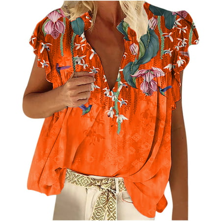 Womens Tops 2023 Summer Fashion Hawaii Printing Pullover Tee Loose Casual V Neck Beach Short Sleeve T Shirt
