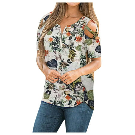 GWAABD Short Sleev Shirts for Women Womens Casual Loose Strappy Cold Shoulder O Neck Zipper Tops Basic Shirt Blouse