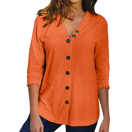CLZOUD Womens Summer T-shirts Orange Ladies Long Sleeve V Neck Button Top Solid Color Cardigan Fashionable Casual T Shirt M