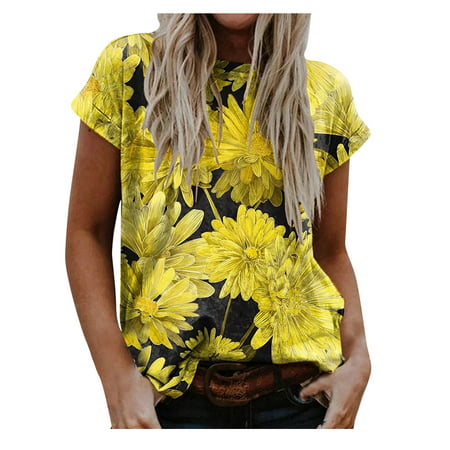 CLZOUD Womens Fitted Shirts Yellow Cotton Women Chrysanthemum Print Round Neck Short Sleeve Casual Pullover T-shirt L