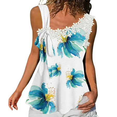 CLZOUD V for City Camisole Blue Fit and Flare Shirts for Women Casual Print Sleeveless Lace Flower Tank Fahion Ladies Flowy Tunic Tops Comfy Cute Summ