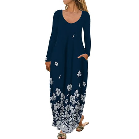 GWAABD Modest Summer Dresses for Women Women Casual Long Sleeve Slim Fit Printed Long Dress with Pockets