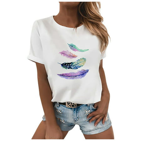CLZOUD Fashion Blouse Blue Polyester Women S Casual Summer Fun Butterfly Print Fashion Loose Short-sleeved T-shirt L
