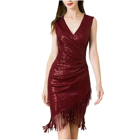 Guieoi Summer Dress Fashion Womens Sexy Solid Cold Shoulder Sleeveless V-Neck Regular Dress Summer Dresses 5999 on Clearance