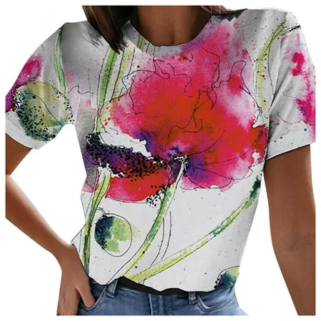 GWAABD Half Sleeve Tops for Women Women S Summer Round Neck Fashion Print Short Sleeve T Shirt Top Blouse