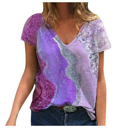 Womens Tops 2023 Summer Fashion Hawaii Printing Pullover Tee Loose Casual V Neck Beach Short Sleeve T Shirt