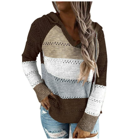 GWAABD Shacket Dress Women Sleeves Long Blouse Sweater Tops Hooded Patchwork Casual Fashion V-Neck Women Women S Blouse