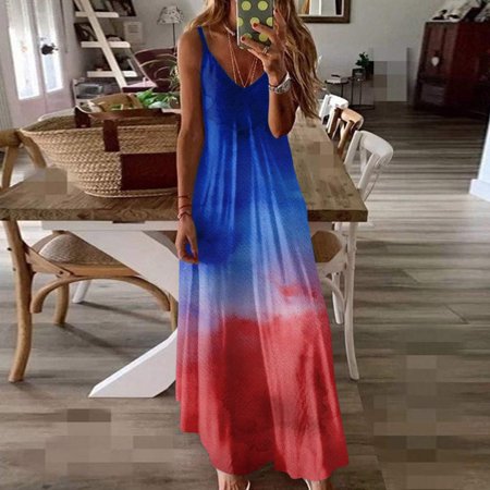 Perfect Summer Gift HIMIWAY Maxi Cheap MIDI Wedding Guest Plus Size Women 2313 Summer Loose Casual Large Size Patriot V-Neck Sleeveless Dress Blue S