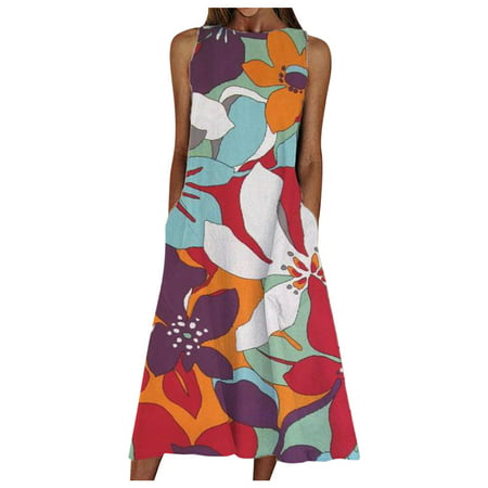 Bigersell Cami Dress Women Summer Print Beach Holiday Dress Round Neck Swing Pocket Maxi Dress Tall Cocktail Dress Style 5674  Female High Low Dresses