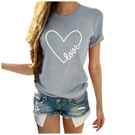 GWAABD Womens Shirts for Leggings O Sleeve Women Casual Valentine S Heart-shaped Print Neck Short Letter Tops Day Women S Blouse
