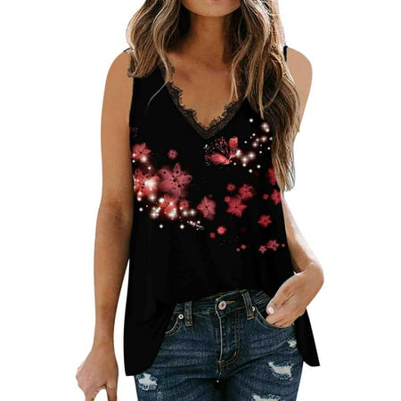 CLZOUD Women S Sleeveless Workout Tank Tops Red Women Summer Sleeveless Snowflake Printed V Neck Lace Tank Tops Casual Vest Tops Xl