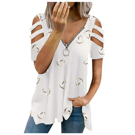 CLZOUD Women S Shirt White Womens V-neck Collar Zipper Color Short Sleeve Fold Casual Blouse Tops