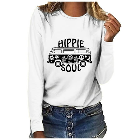 CLZOUD Dress Shirts for Women Trendy White Women Fashion Plus Size Print Round Neck Long Sleeved T-shirt Blouse Tops Xl