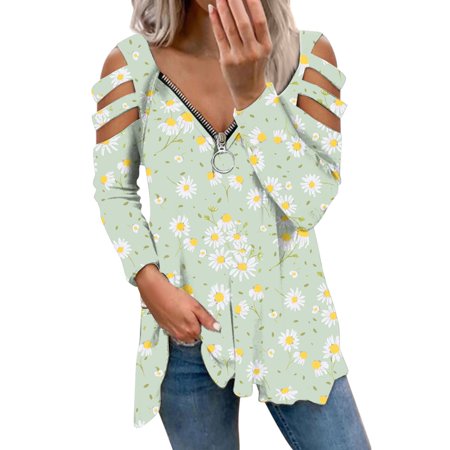 GWAABD Womens T-Shirts Crewneck Casual Tee Women Zip V Neck Pullover Floral Print Long Sleeve T Shirt Casual Top