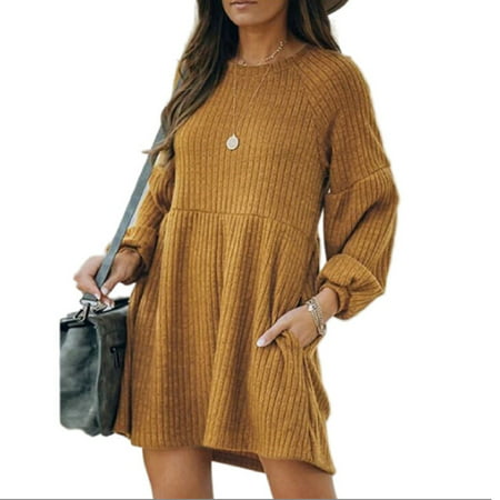 Women Ribbed Knitted Skirt Lantern Sleeve Crew Neck Short Dress Pullover Sweater Skirt with Pockets Fall Winter Bottom Skirt