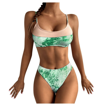 CLZOUD Womens Bikini Swimsuits Green Women S New High-waist Tube Top Stitching Split Printing Bikini Swimsuit S