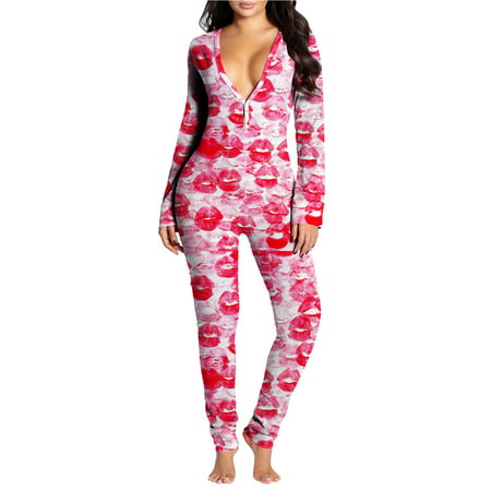 GWAABD Smocked Jumpsuit Button Adults Buttoned Valentine S Sleepwear Print Jumpsuit Down Day Women S Functional Women S Jumpsuit