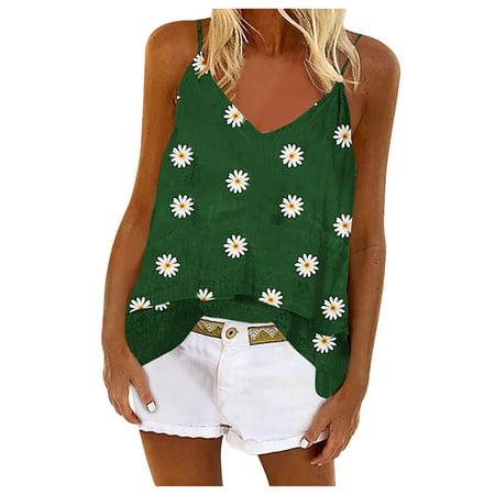 CLZOUD Women S Sleeveless Strappy Tank Green Fashion Women V-Neck Daisy Print Sleeveless Vest Camisole Blouses Tank Tops Xl