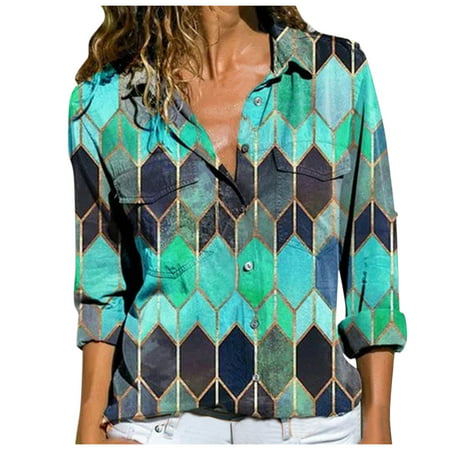 CLZOUD Women Dress Shirts Blue Polyester Womens Loose Daisy Printing Long Shirt Cotton Ladies Casual Tops T-Shirt Blouse Xxl