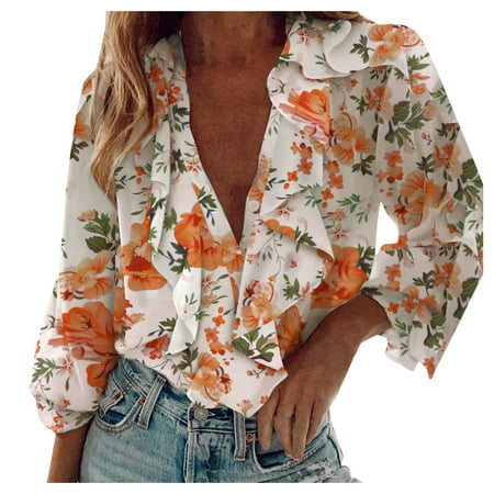 CLZOUD Casual Summer T Shirts Chiffon Large Size Women S Paneled Ruffled Long Sleeve V Neck Shirt Xxl