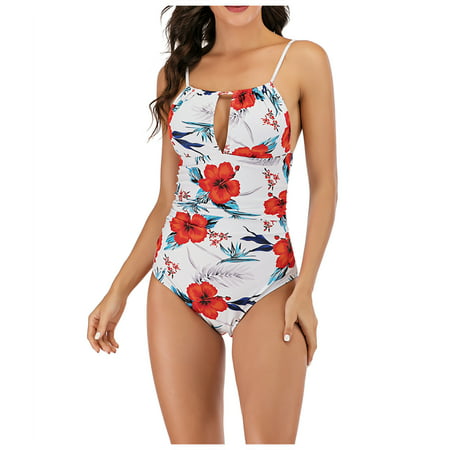 CLZOUD Twisted Knot Ruched Cheeky Bikini Set White Ladies Swimsuit Print Backless Beach Bikini One-Piece Swimsuit S