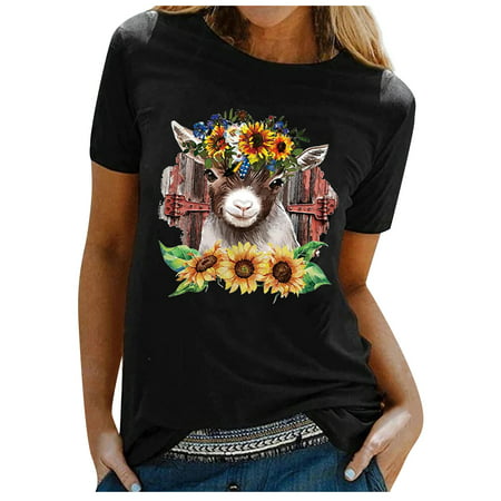 CLZOUD Shirts for Women Casual Summer Black Polyester Women S Cute Print Tops Loose One-piece Short-sleeved Tops T-shirt Xxl