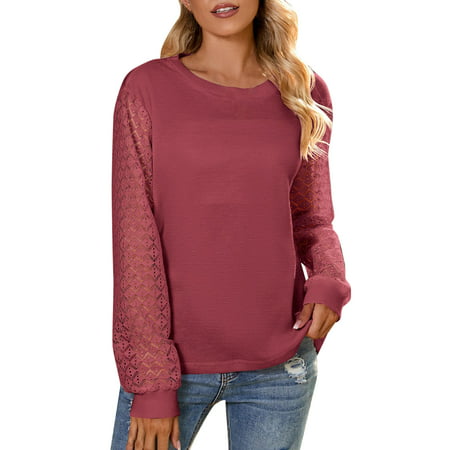 GWAABD Womens Sweat Shirts Women Long Sleeve Round Neck Solid Color Top Paneling Casual Fashion Pullover T Shirt