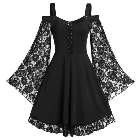 Shusuen Fashion Women Flare Sleeve Cross Corn Cold Shoulder Insert Sling Dress Dresses for Women 3439