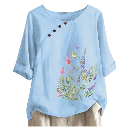 CLZOUD Womens Blouses Dressy Casual Sky Blue Women Casual Button Pattern Print O Neck Short Sleeve T Short Blouse Tops S