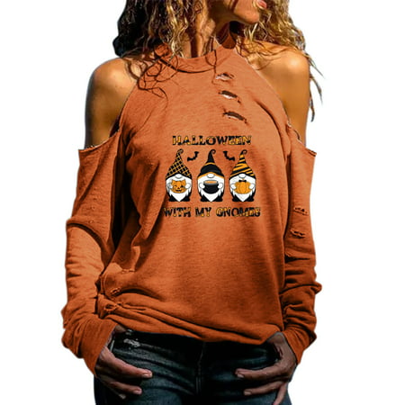 GWAABD Old Lady Clothes Women S Strapless Interesting Print Long Sleeve Trend Hole Top Casual Party Tee