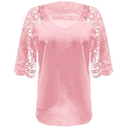 CLZOUD Womens Blouses and Tops Women S Spring/Summer T Shirt Loose Casual V Neck Lace Cut Out 5/4 Sleeve T Shirt M