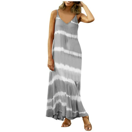 Guieoi Summer Dress Womens Casual Sleeveless Gradient Tie-Dye Striped V Neck Loose Maxi Dress(S-5XL) Summer Dresses 5674 on Clearance