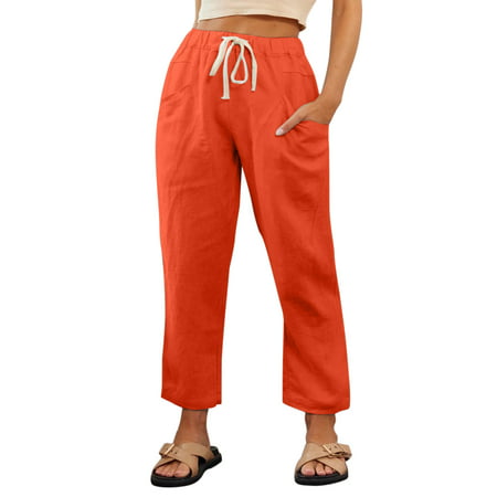 GWAABD Yago Pants Women Cotton Linen Long Pants High Waist Drawstring Loose Fit Casual Trousers with Pockets