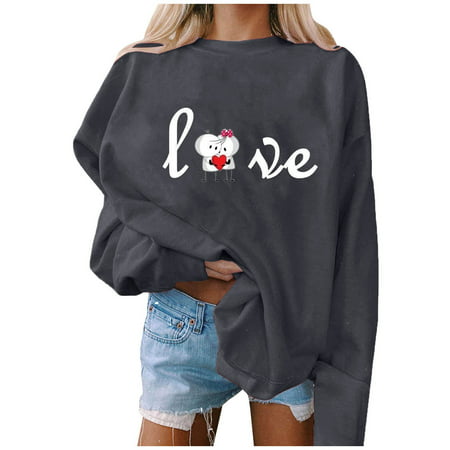 GWAABD Pullover for Women Autumn and Winter Casual Hoodless Sweater Love Printing Pullover Loose Sweater