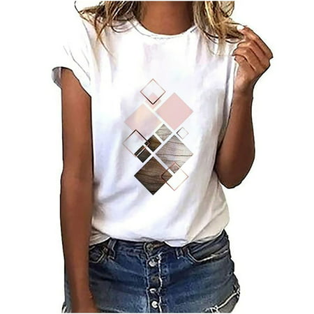 GWAABD Womens Summer T Shirts Geometric Round Female Fashion Loose Print Women S T-shirt Neck Women S T-Shirts