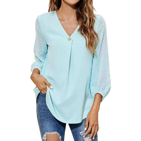 GWAABD Long Sleeve T-Shirts for Women Womens Summer Chiffon V Neck Long Sleeve Blouse Casual Loose Work Business Floral Shirts Tunic Tops