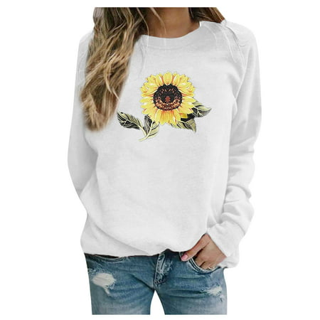 GWAABD Button Shirt Jacket Women Pullover Printed Long Top SunFlower O-Neck Sweatshirt Women Sweatshirt Sleeve Sweater