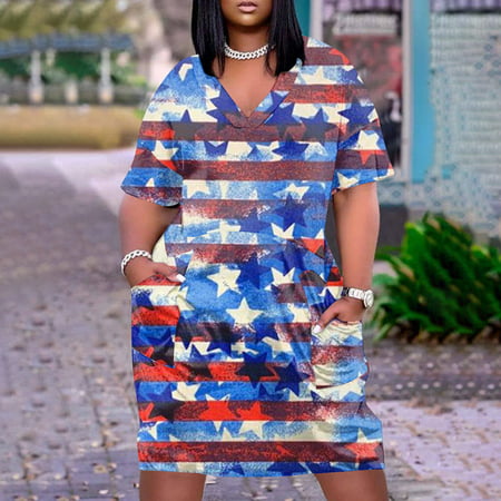 Perfect Summer Gift HIMIWAY Maxi Cheap MIDI Wedding Guest Plus Size Women 9201 Summer Loose Casual Large Size Independence Day V-Neck Sleeveless Dress