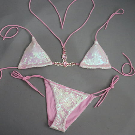 GWAABD Tie Front Bikini Beach Women Bikini Swimwear Sequins Drill Swimsuit Beachwear Set Swimwears Tankinis Set