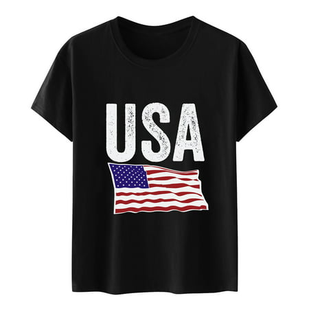 GWAABD Business Casual Long Sleeve Tops for Women Women Casual Independent Day Top Shirts USA Flag Print Short Sleeve Round Neck T Shirt Casual Blouse